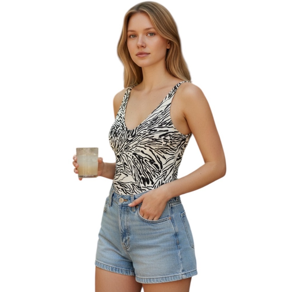 Anthro Leith Zebra Black White Print VNECK One Piece Thong Tank Bodysuit S